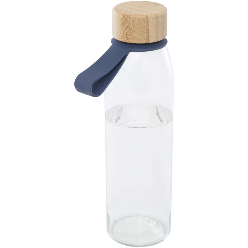 Bouteille publicitaire d'eau en verre Porto de 500 ml avec poignée en silicone et couvercle en bambou