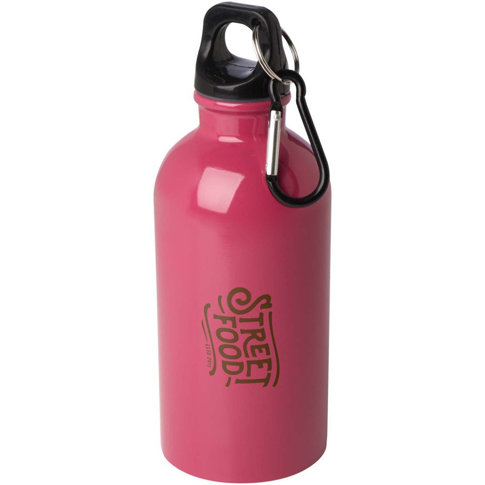Bouteille publicitaire d'eau Oregon de 400 ml simple paroi en acier recyclé certifié RCS avec mousqueton