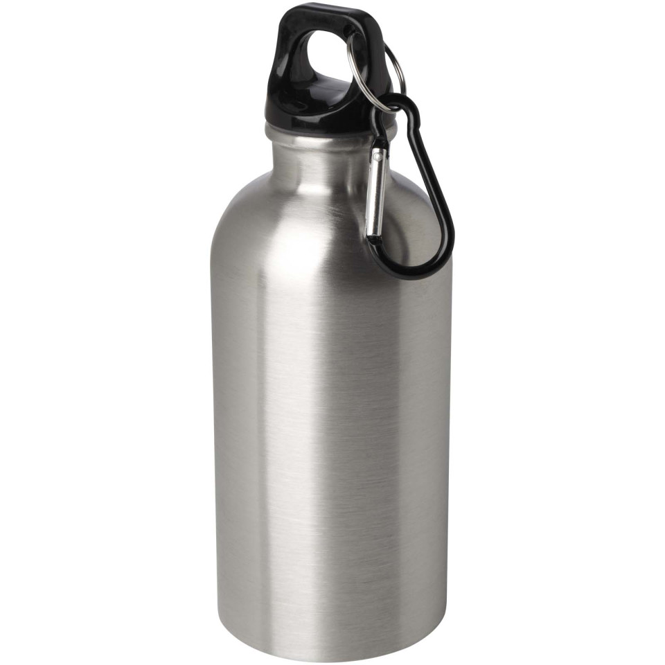Bouteille publicitaire d'eau Oregon de 400 ml simple paroi en acier recyclé certifié RCS avec mousqueton