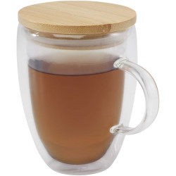 Tasse publicitaire en verre Leona de 350 ml avec couvercle en bambou