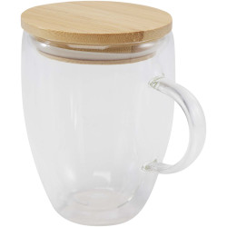 Tasse publicitaire en verre Leona de 350 ml avec couvercle en bambou Tasse publicitaire en verre Leona de 350 ml avec couvercle en bambou