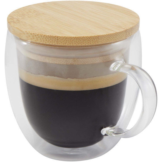 Tasse publicitaire en verre Lenora de 250 ml avec couvercle en bambou Tasse publicitaire en verre Lenora de 250 ml avec couvercle en bambou