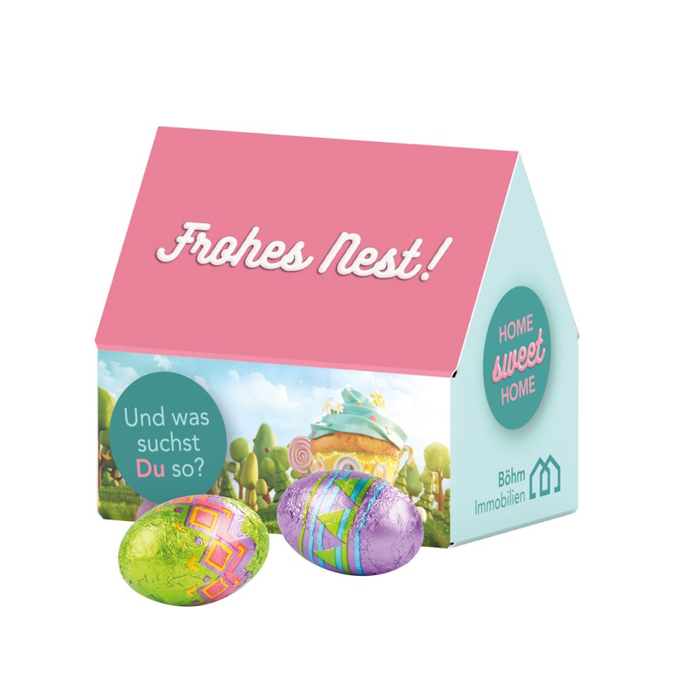 Maison de pâques personnalisable fabriquée en Europe avec œufs en chocolat Klett