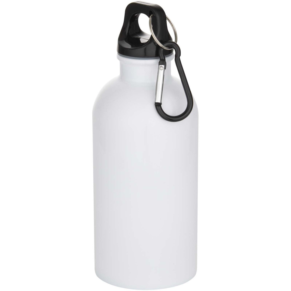 Bouteille publicitaire d’eau Oregon de 400 ml en acier inoxydable recyclé à simple paroi certifié RCS avec mousqueton