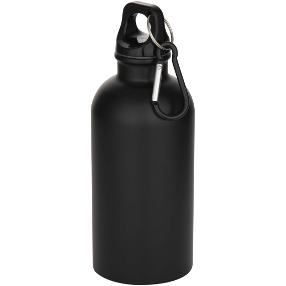 Bouteille publicitaire d’eau Oregon de 400 ml à simple paroi finition MATE acier inoxydable recyclé avec mousqueton
