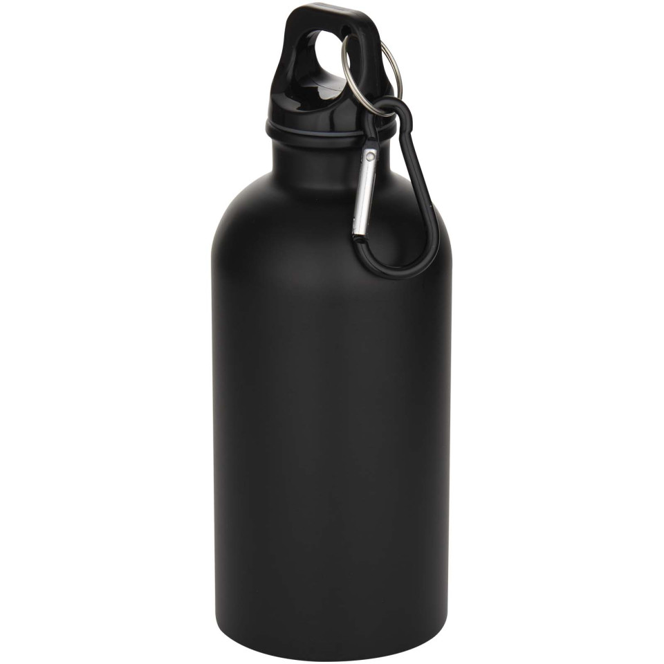 Bouteille publicitaire d’eau Oregon de 400 ml à simple paroi finition MATE acier inoxydable recyclé avec mousqueton