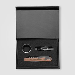 Set cadeau publicitaire Essex accessoires pour vin acier inoxydable et bois FSC Set cadeau publicitaire Essex accessoires pour vin acier inoxydable et bois FSC