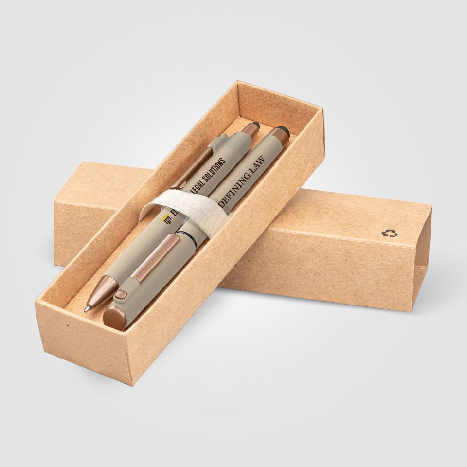 Coffret publicitaire de stylos York en plastique recyclé finition bronze