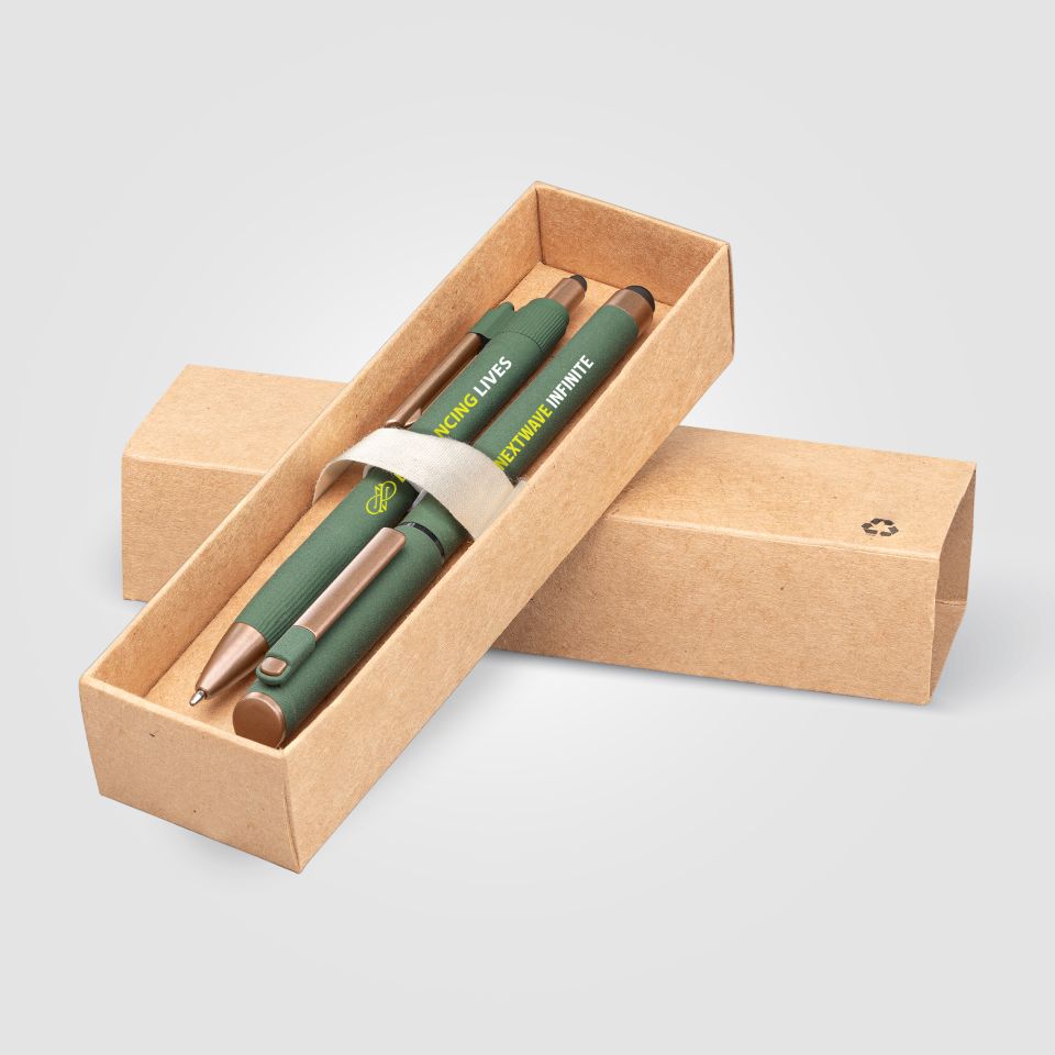 Coffret publicitaire de stylos York en plastique recyclé finition bronze