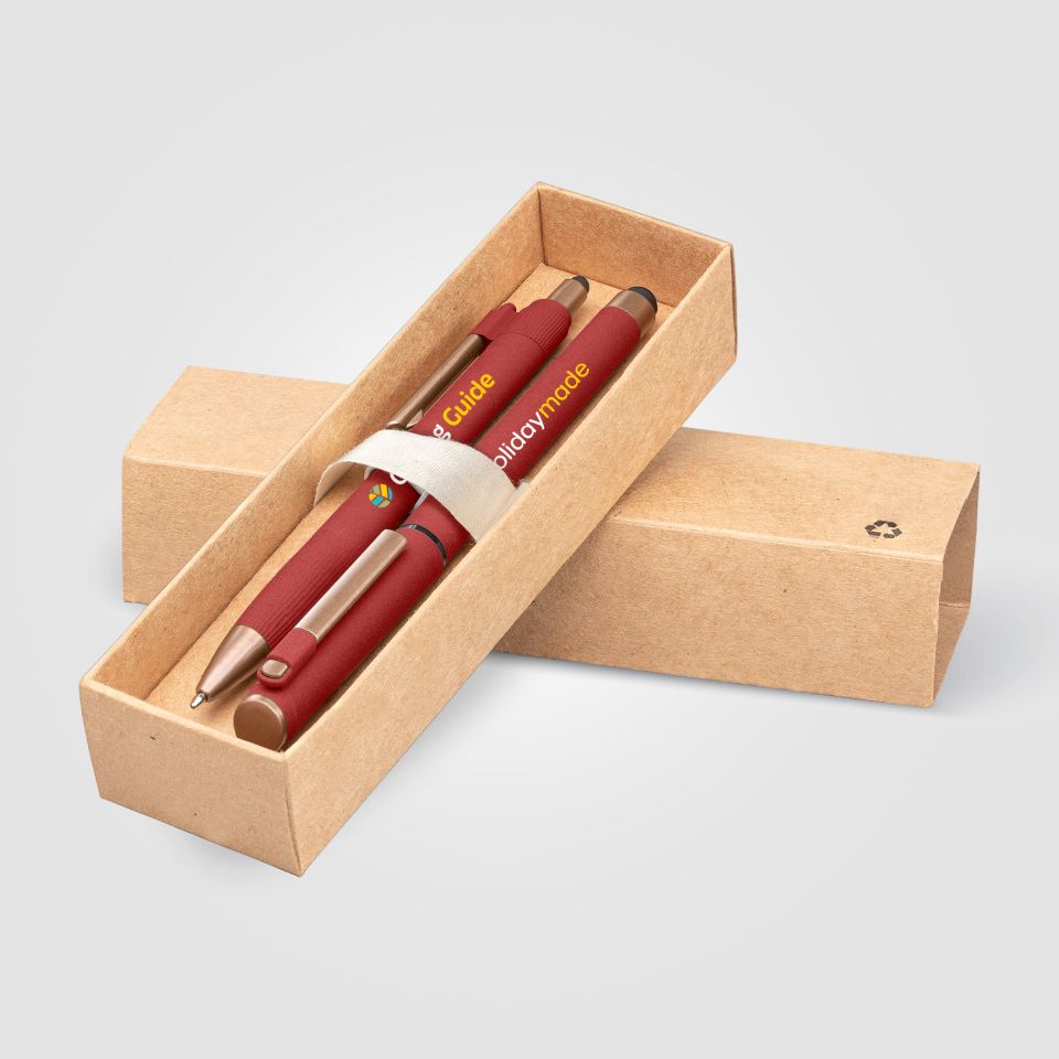 Coffret publicitaire de stylos York en plastique recyclé finition bronze