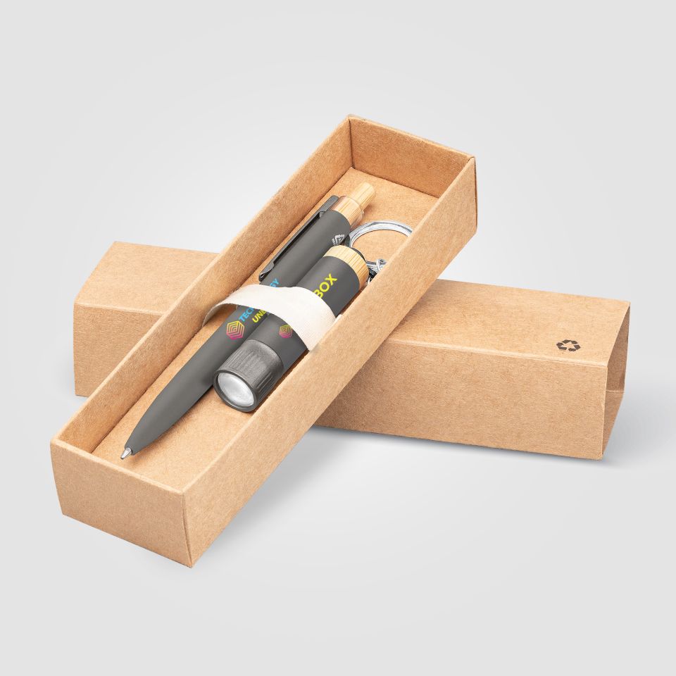 Coffret cadeau personnalisé stylo et lampe torche aluminium recyclé Reborn