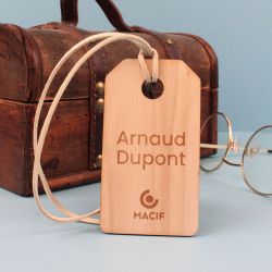 Étiquette publicitaire bois 80x50mm bagage ou boutique fabriqué en France