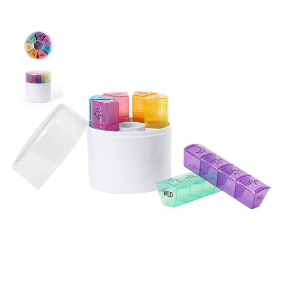 Pilulier hebdomadaire publicitaire dans un étui cylindrique 