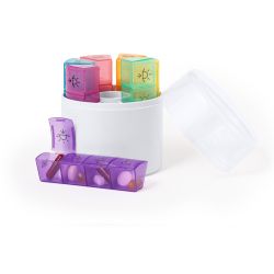 Pilulier hebdomadaire publicitaire dans un étui cylindrique 