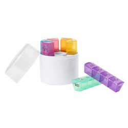 Pilulier hebdomadaire publicitaire dans un étui cylindrique 