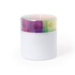 Pilulier hebdomadaire publicitaire dans un étui cylindrique 