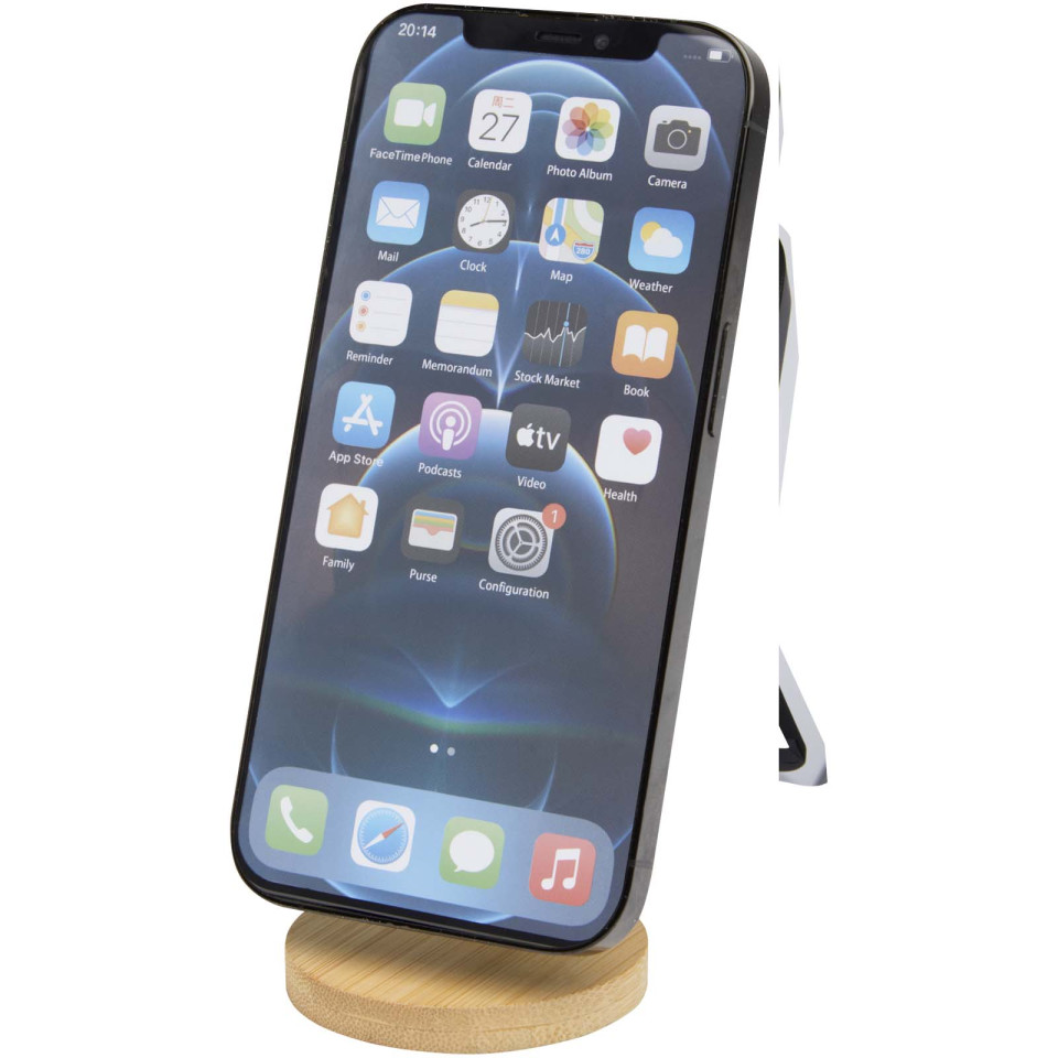 Support publicitaire de téléphone Alcor magnétique et pliable en plastique recyclé avec détails en bambou