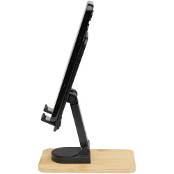 Support publicitaire de téléphone de bureau Alfirk pliable en plastique recyclé avec détails en bambou