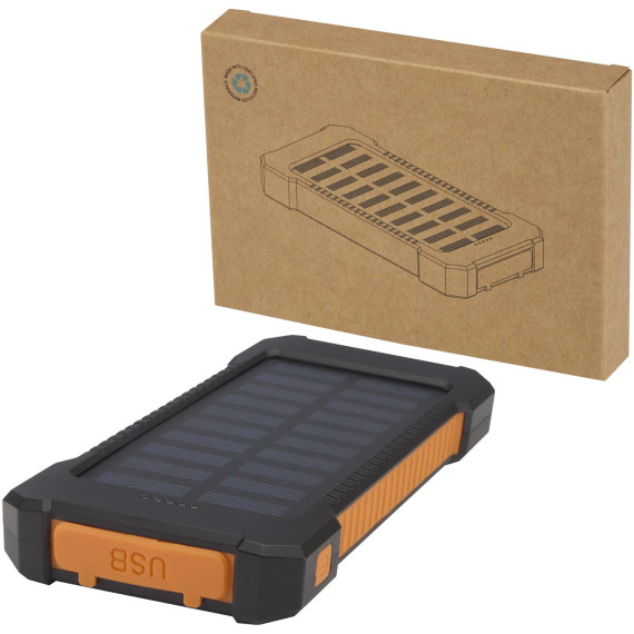 Batterie publicitaire de secours solaire Altair robuste de 5 000 mAh et 10 W en plastique recyclé avec lampe de poche
