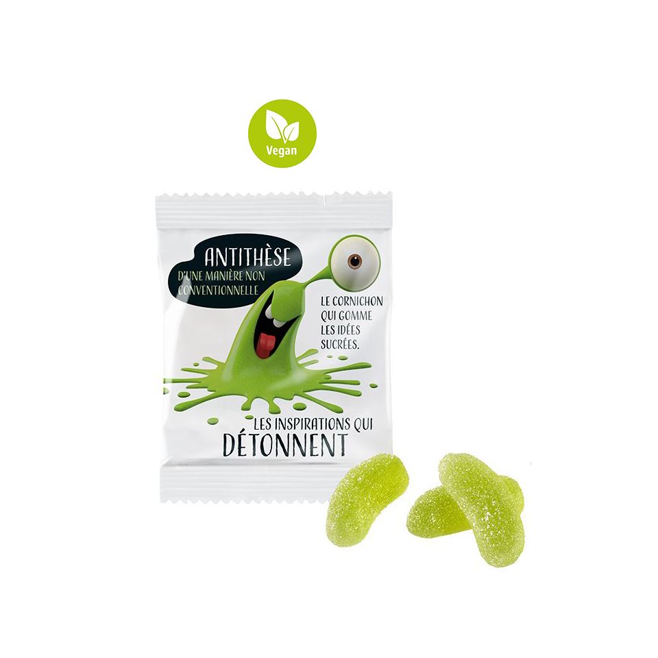 Gommes de fruits acidulées personnalisée aux cornichons VEGANEurope