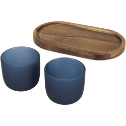 Plateau publicitaire de service en bois et tasses en verre Male en finition mate