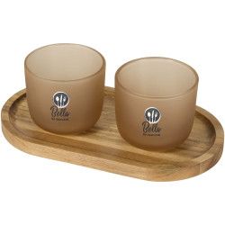 Plateau publicitaire de service en bois et tasses en verre Male en finition mate