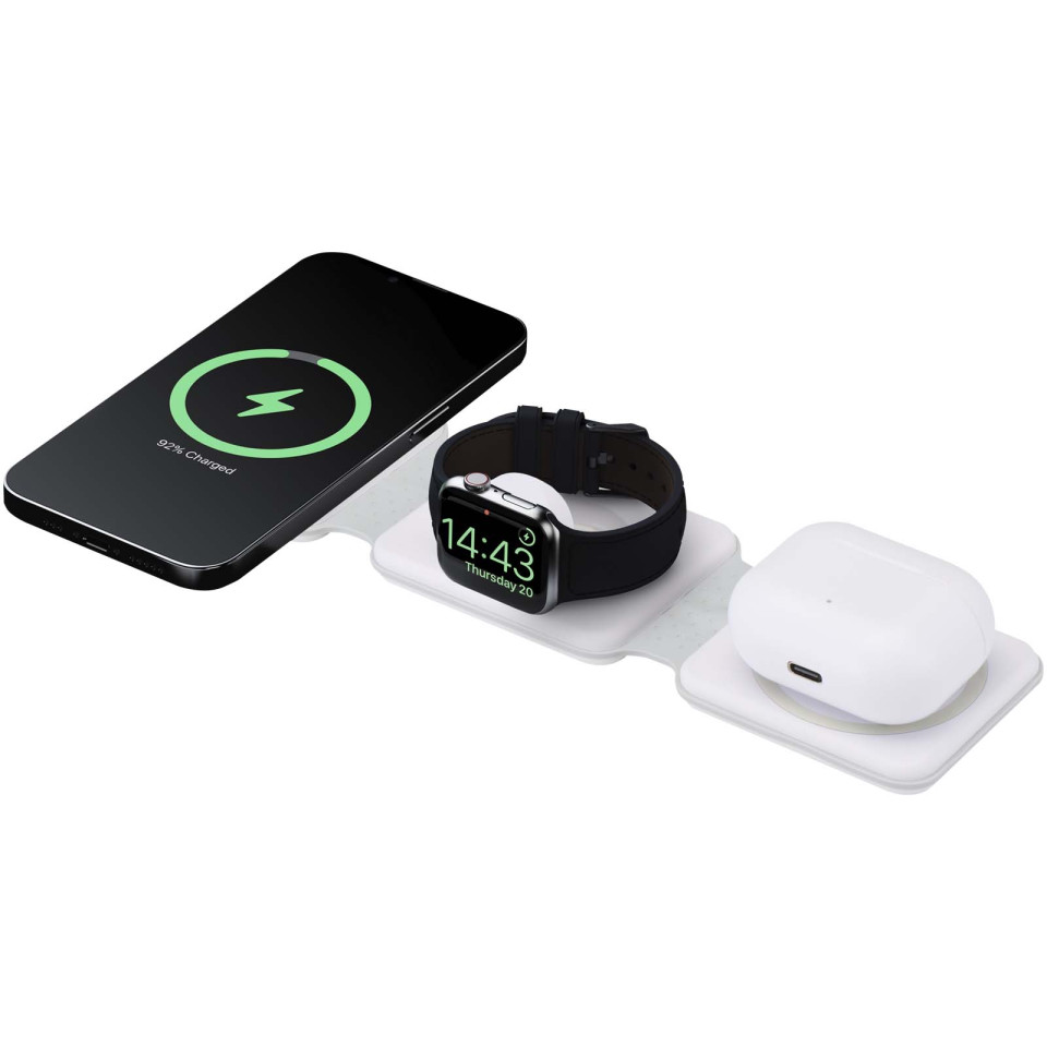 Chargeur publicitaire sans fil pliable Armus 3 en 1 de 15 W en plastique recyclé