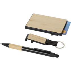 Ensemble publicitaire cadeau Minka avec stylo bille en aluminium recyclé RCS, porte-clés et porte-cartes RFID
