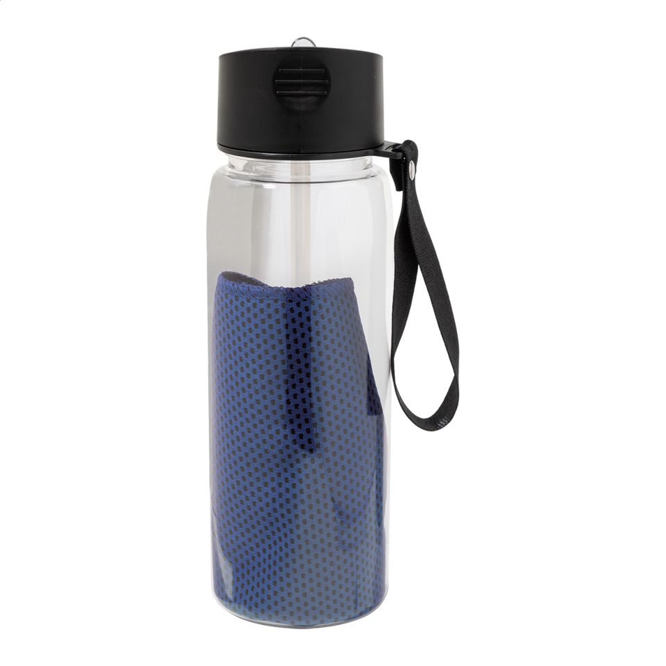 Bouteille de sport personnalisée bouchon à clapet en RPET avec serviette