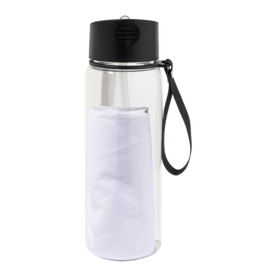 Bouteille de sport personnalisée bouchon à clapet en RPET avec serviette