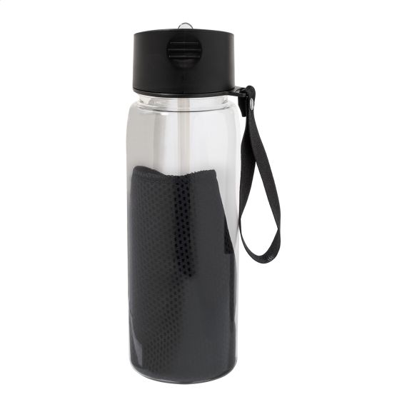 Bouteille de sport personnalisée bouchon à clapet en RPET avec serviette