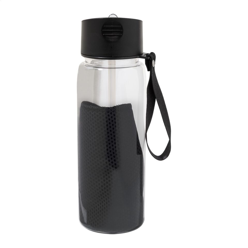 Bouteille de sport personnalisée bouchon à clapet en RPET avec serviette