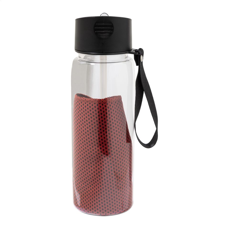 Bouteille de sport personnalisée bouchon à clapet en RPET avec serviette
