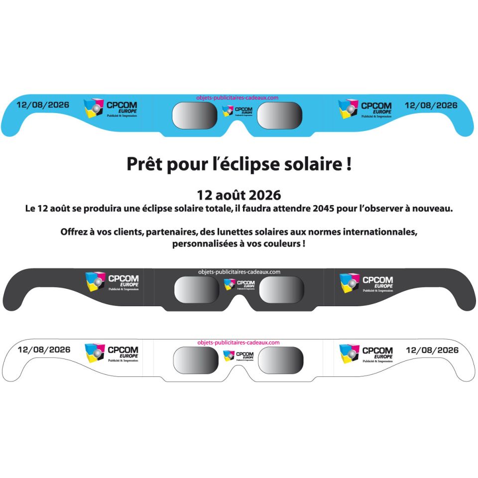 Lunettes publicitaires pour éclipse solaire personnalisables norme CE Fabriquée en Europe