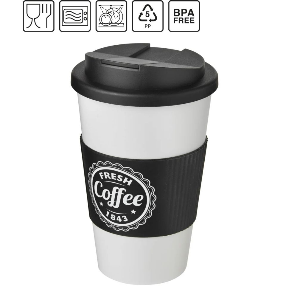 Gobelet isolant Americano® 350 ml antidérapant et couvercle anti-fuite publicitaire fabriqué en Europe PE recyclé Sans BPA