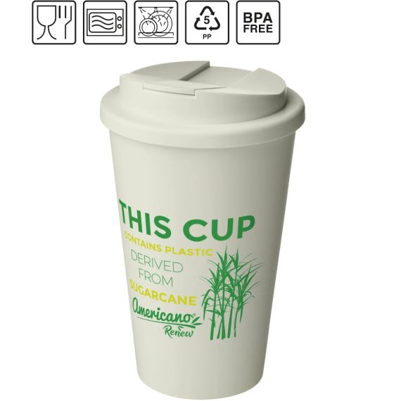 Gobelet publicitaire fabriqué en Europe isotherme Americano® Renew de 350 ml avec couvercle anti-déversement PE recyclé Sans BPA