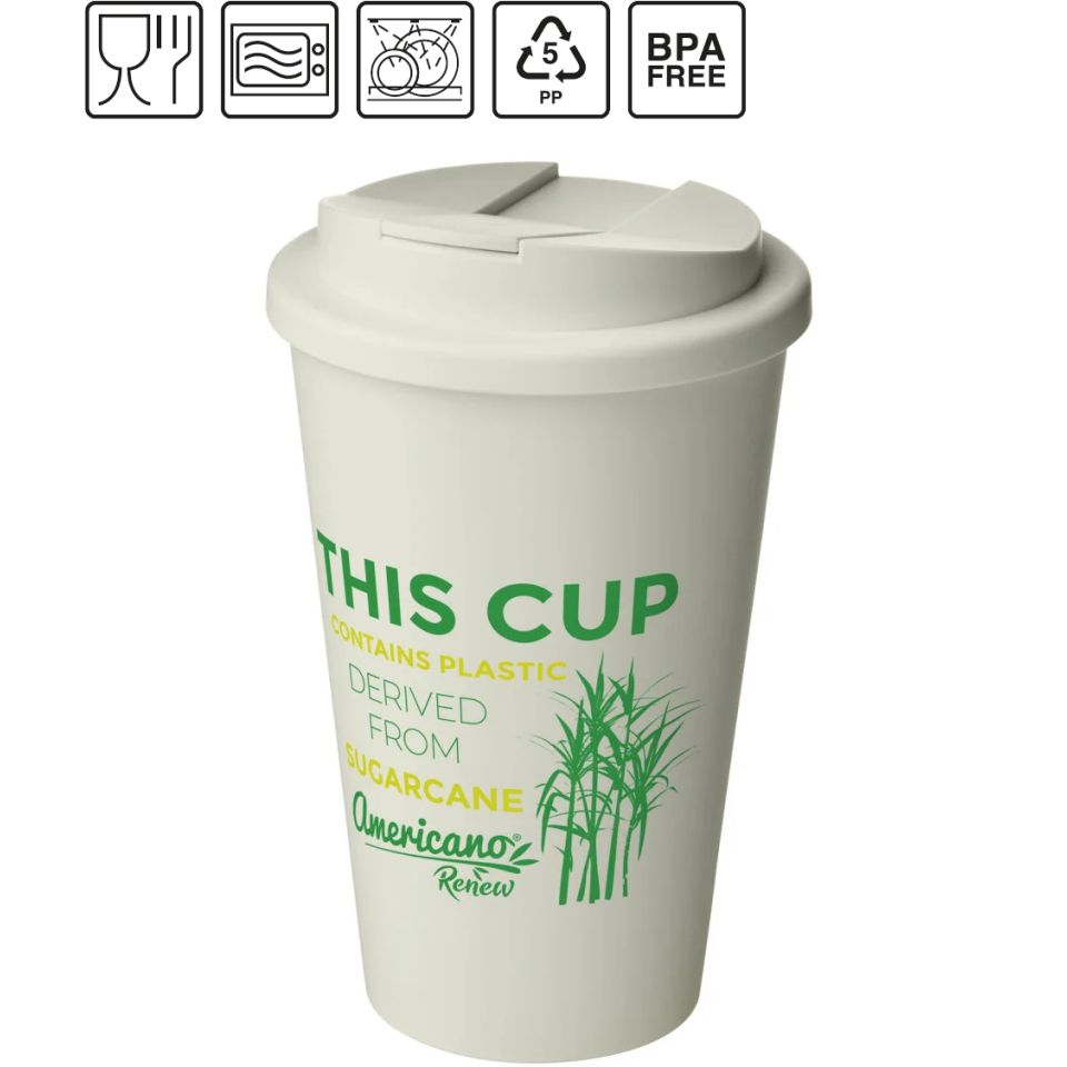 Gobelet publicitaire fabriqué en Europe isotherme Americano® Renew de 350 ml avec couvercle anti-déversement PE recyclé Sans BPA