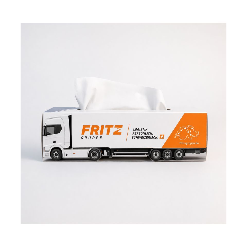 Boîte de mouchoirs publicitaire camion personnalisable fabriqué en Europe FSC