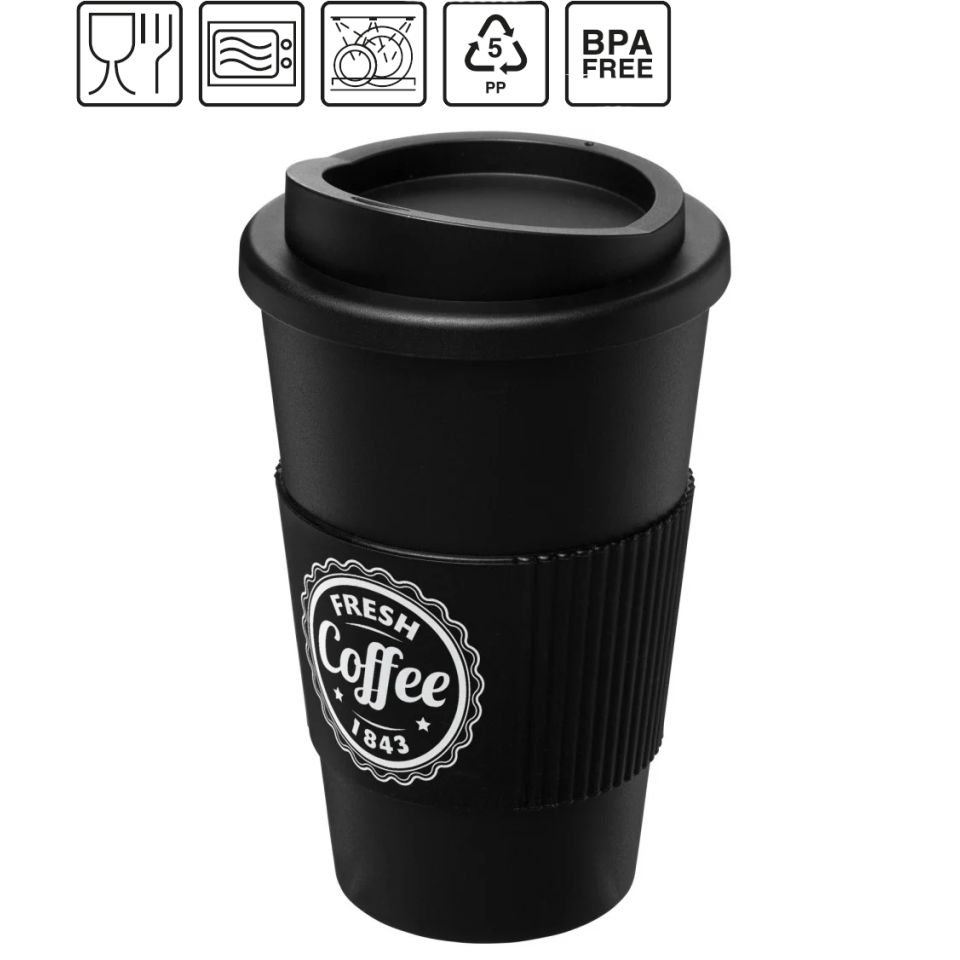 Gobelet publicitaire fabriqué en Europe isolant Americano® 350 ml antidérapant RPET Plastique PP