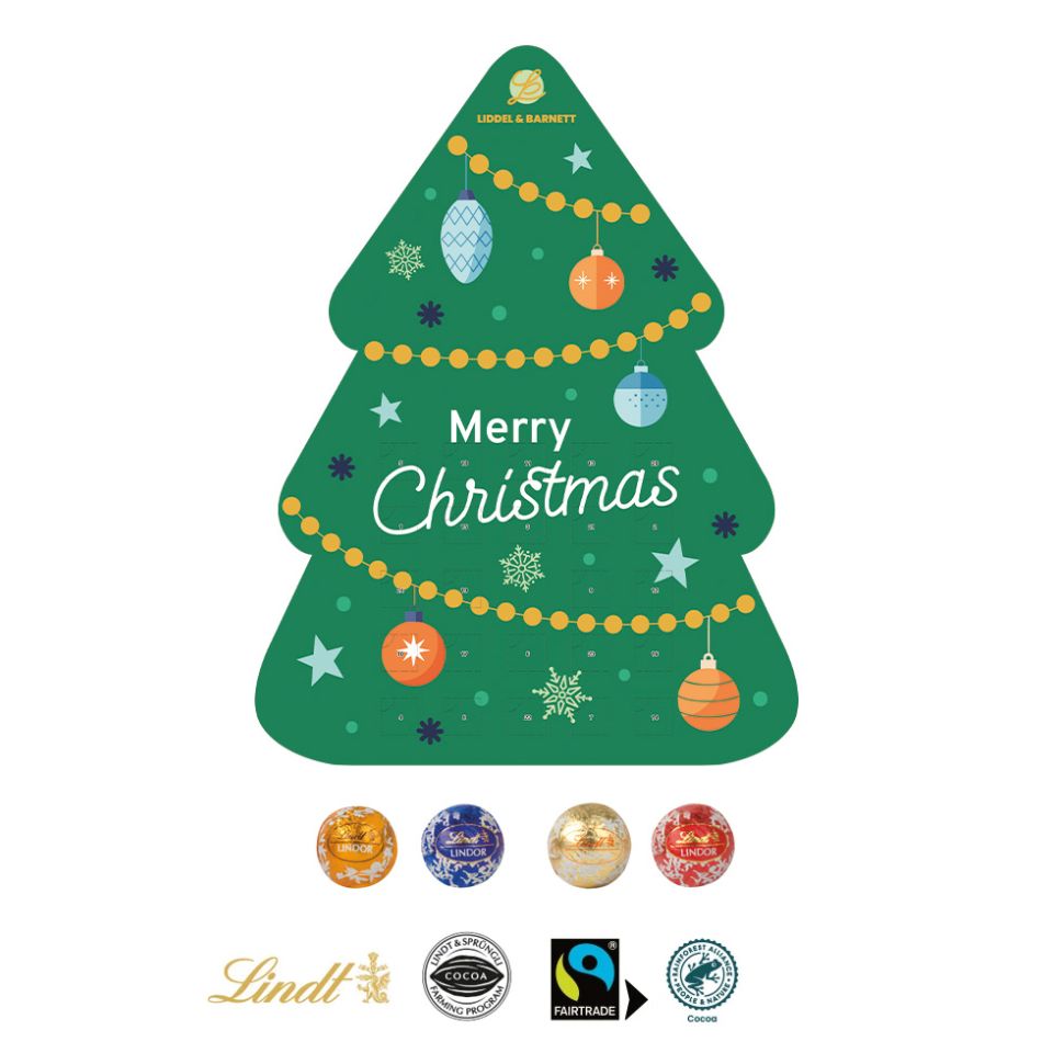 Calendrier de l’Avent Lindt personnalisé mini ball Lindor en forme de sapin de Noël fabriqué en europe 325x430x21 mm