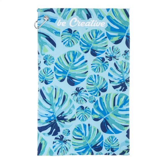 Serviette publicitaire de golf 400 gr/² sublimation avec crochet métal fabriqué en Europe