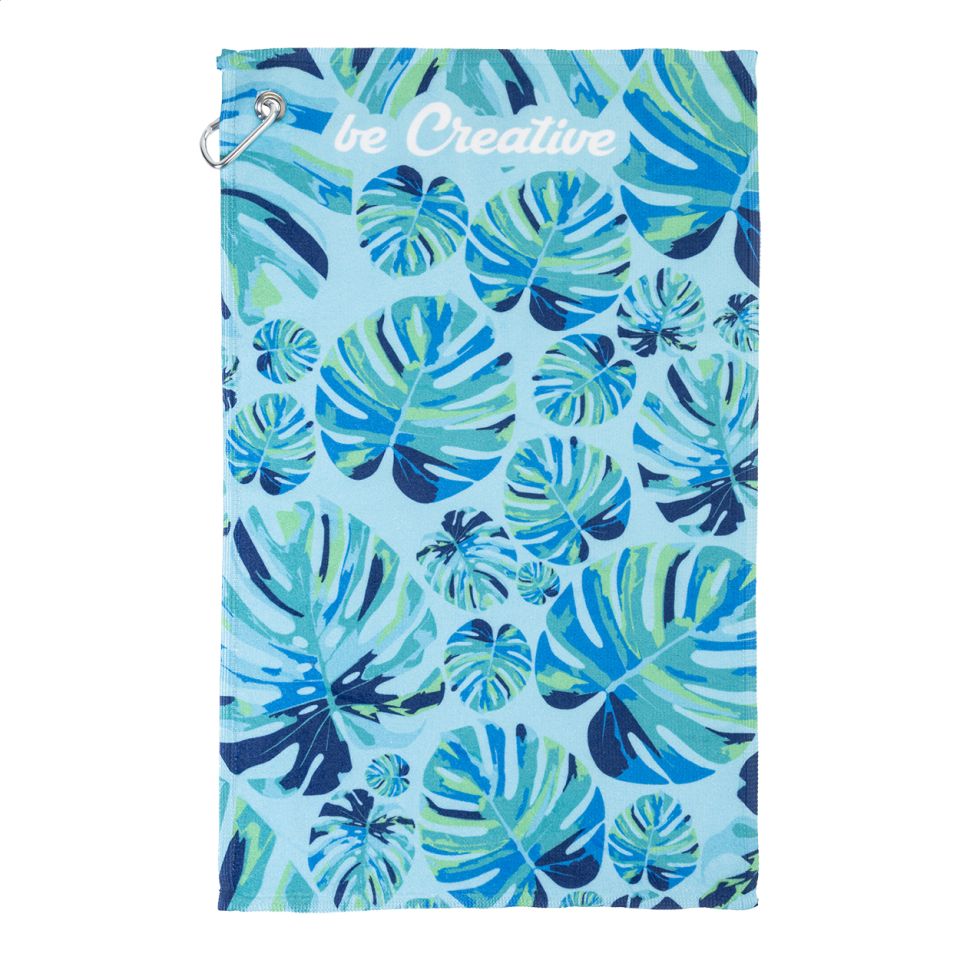 Serviette publicitaire de golf 400 gr/² sublimation avec crochet métal fabriqué en Europe