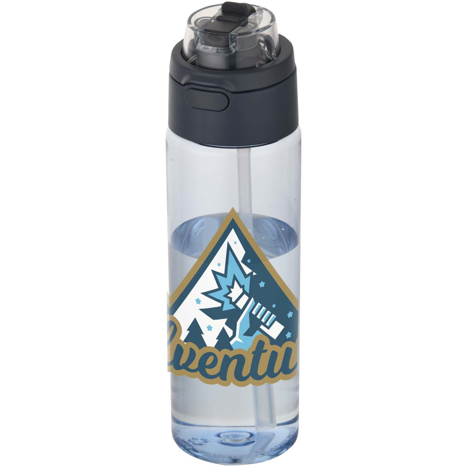 Bouteille publicitaire d'eau Theron de 700 ml en plastique recyclé RCS, avec bouchon double fonction et paille rabattable