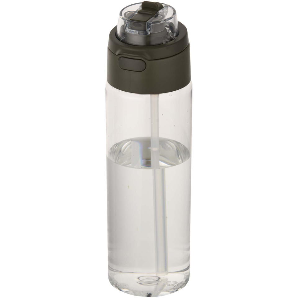 Bouteille publicitaire d'eau Theron de 700 ml en plastique recyclé RCS, avec bouchon double fonction et paille rabattable