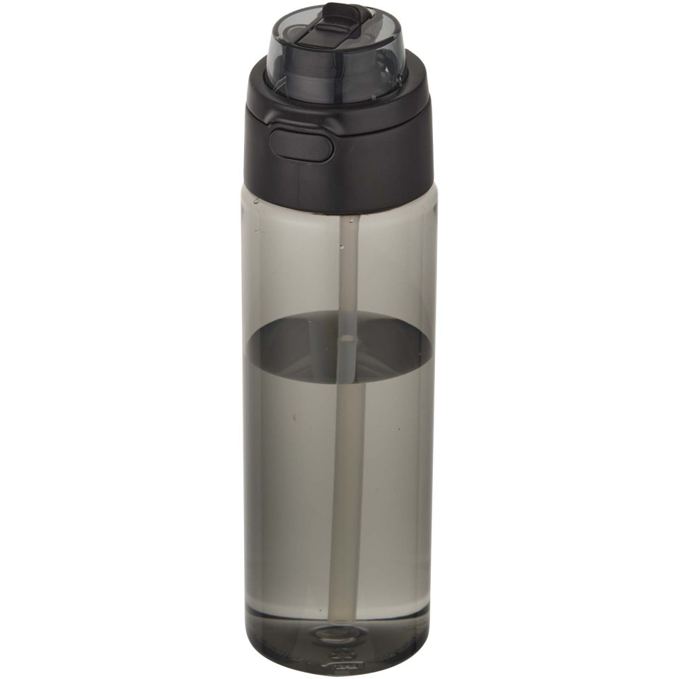 Bouteille publicitaire d'eau Theron de 700 ml en plastique recyclé RCS, avec bouchon double fonction et paille rabattable