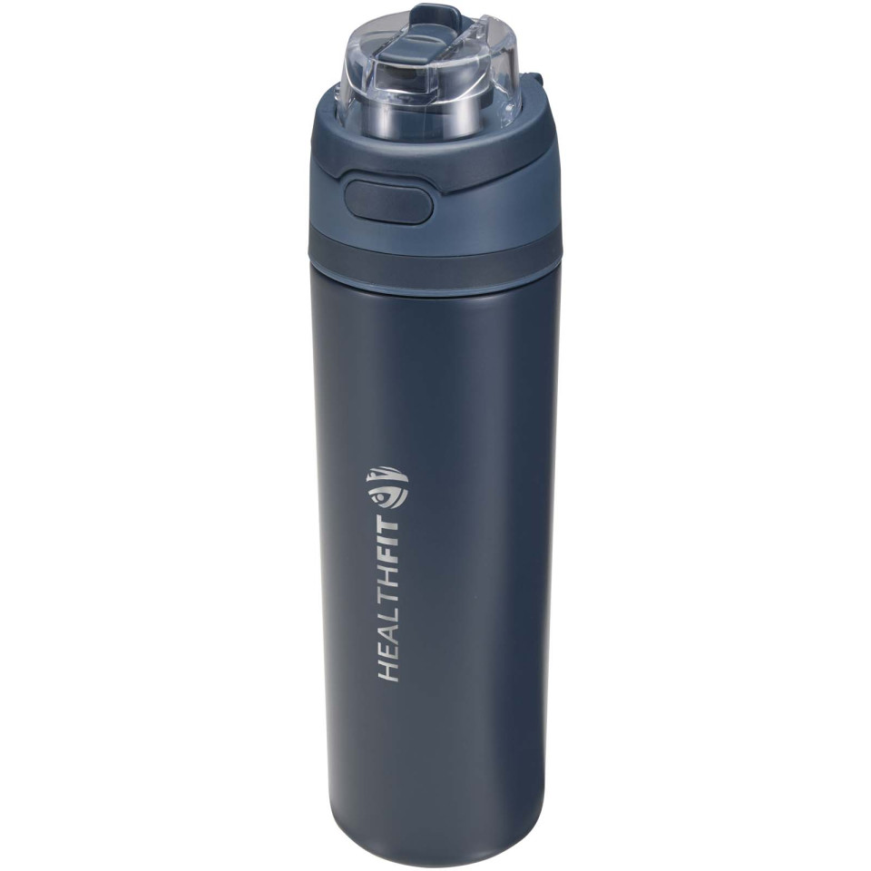 Bouteille publicitaire d'eau Theron 800 ml en acier inoxydable à simple paroi recyclé RCS, avec bouchon à double fonction