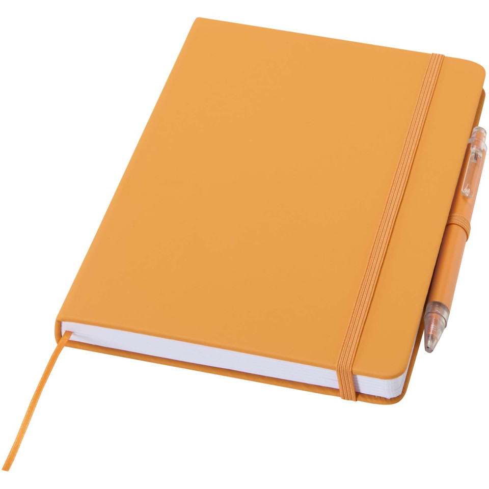 Ensemble publicitaire comprenant un cahier en papier recyclé Spectrum A5 et un stylo à bille