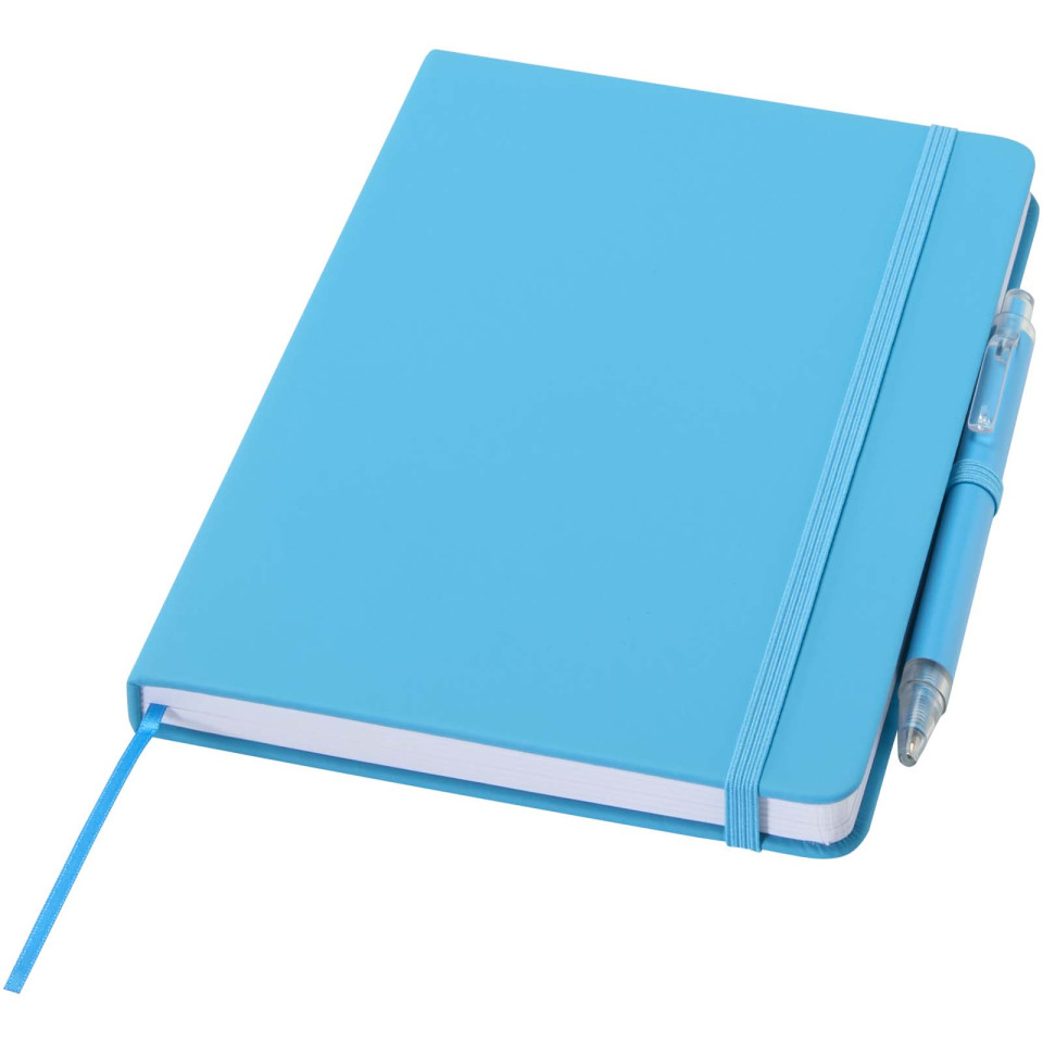 Ensemble publicitaire comprenant un cahier en papier recyclé Spectrum A5 et un stylo à bille