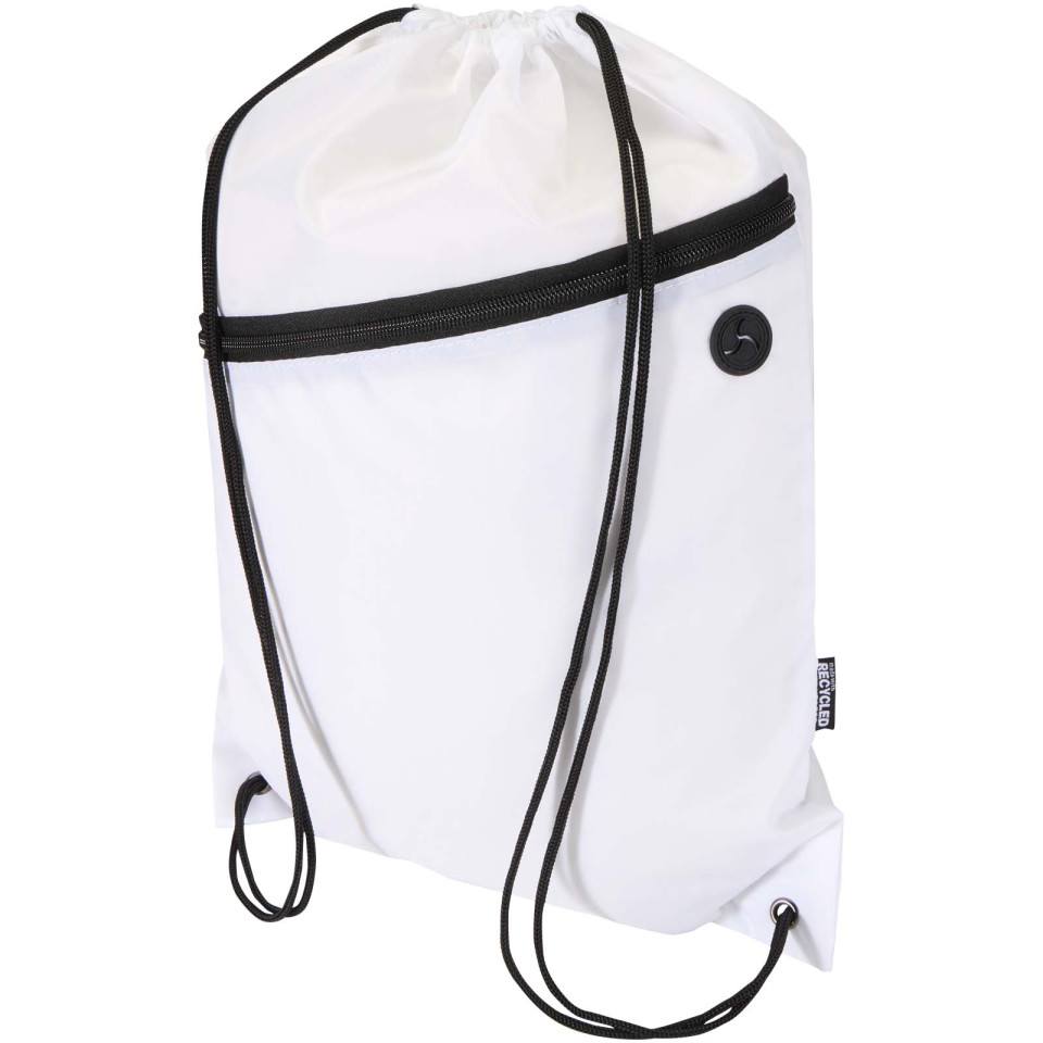 Sac publicitaire à cordon Oriole en RPET avec poche avant zippée, 5 L
