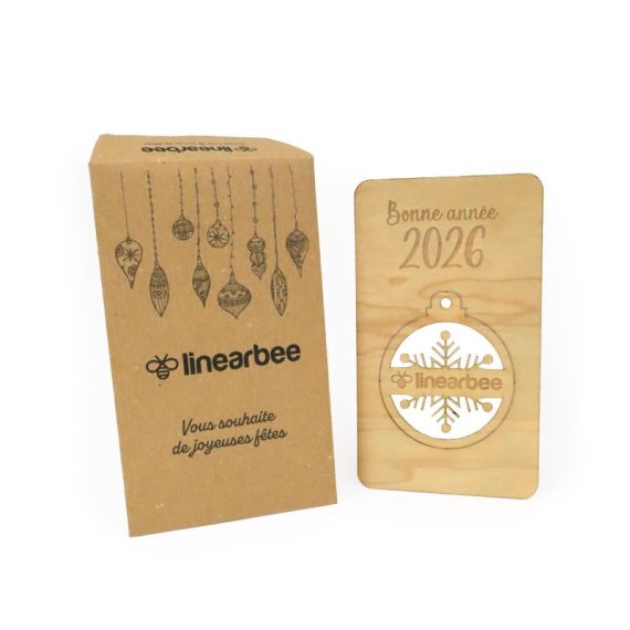 Carte publicitaire bois boule de Noël détachable fabriquée en France